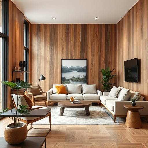 Sala de estar moderna com toques de madeira e plantas
